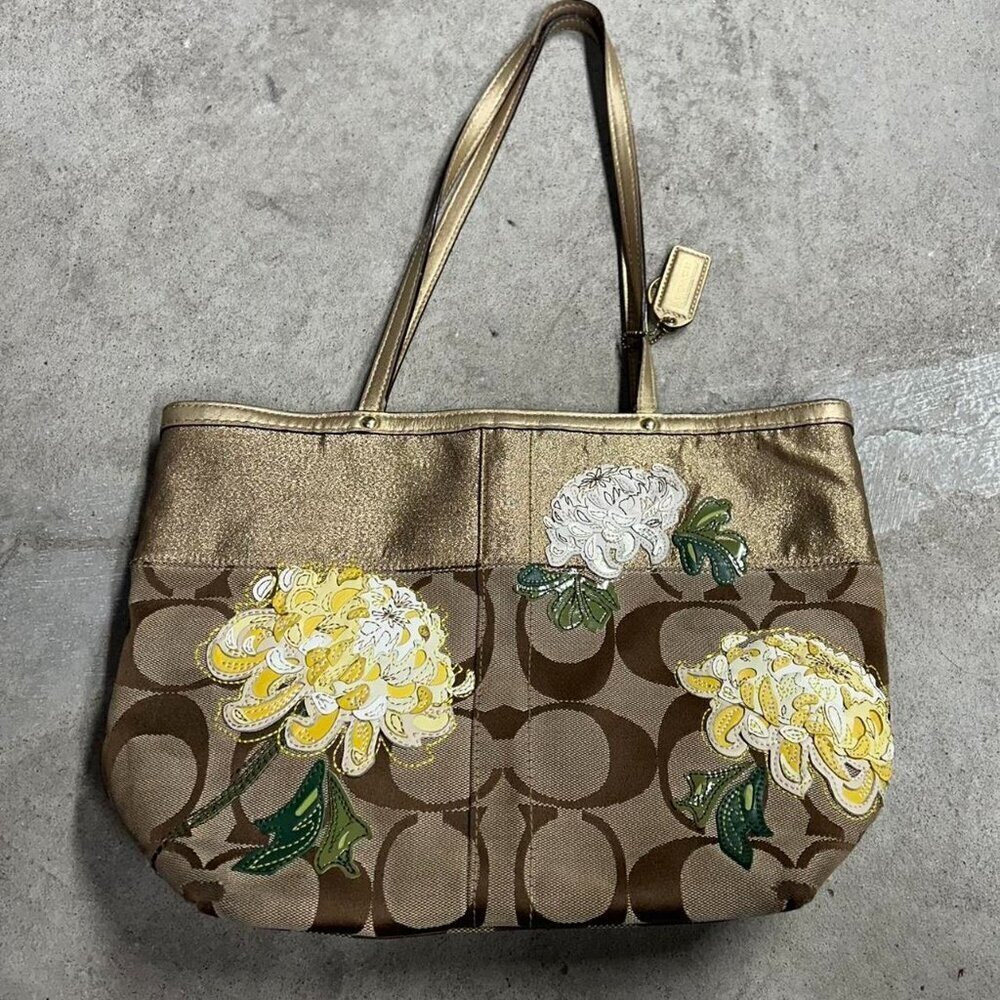 COACH Brown Signature Floral Embroidered Jacquard & Gold Leather Satchel Tote